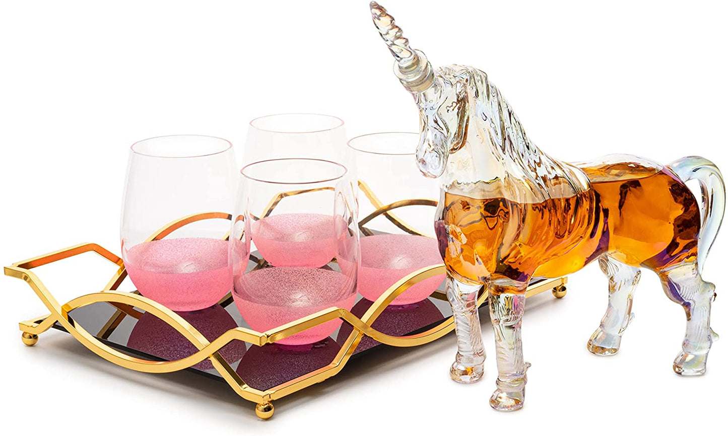 Iridescent Unicorn Decanter Set w/ 4 Pink Sparkle Glasses - by The Wine Savant