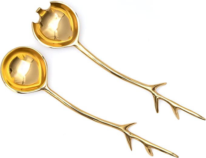 Twig Salad Servers Brass & Stainless Steel, Fork & Spoon Set Leaf Design Gold by Gute by Gute Decor