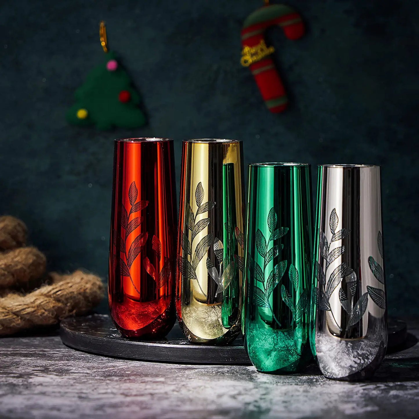 Etched Multicolor Christmas Champagne Flutes (Set of 4) - by The Wine Savant