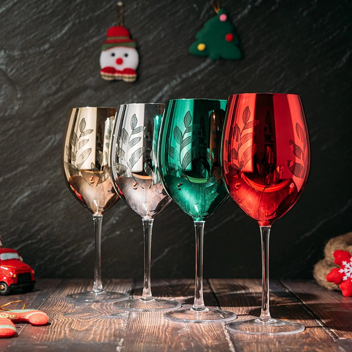 Etched Multicolor Christmas Stemmed Wine Glasses (Set of 4) -  by The Wine Savant