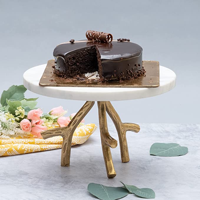 Marble Footed Pedestal Cake Stand with an Accented Gold Design by Gute by Gute Decor