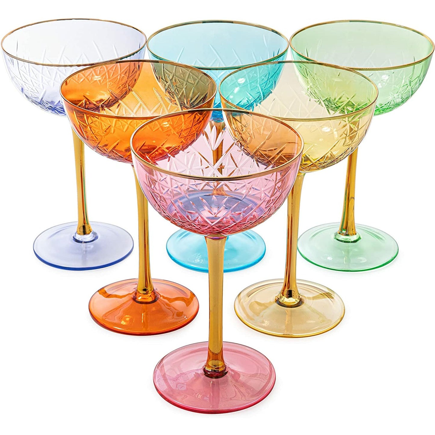 Colored Art Deco Glasses 7.3 oz (Set of 6) - by The Wine Savant