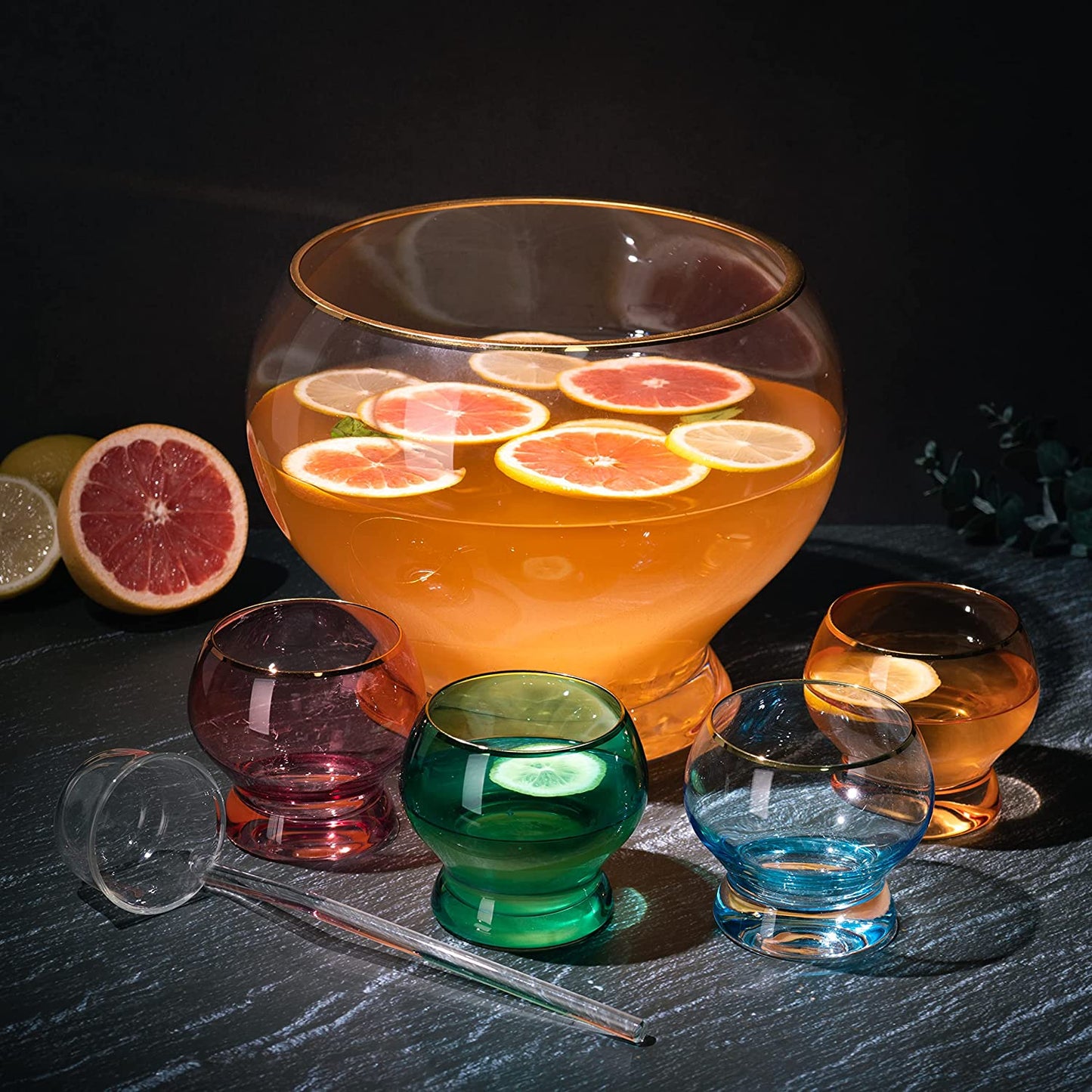 Colorful 3 Gallon Punch Bowl with 4 10oz Glasses Set & Ladle - by The Wine Savant