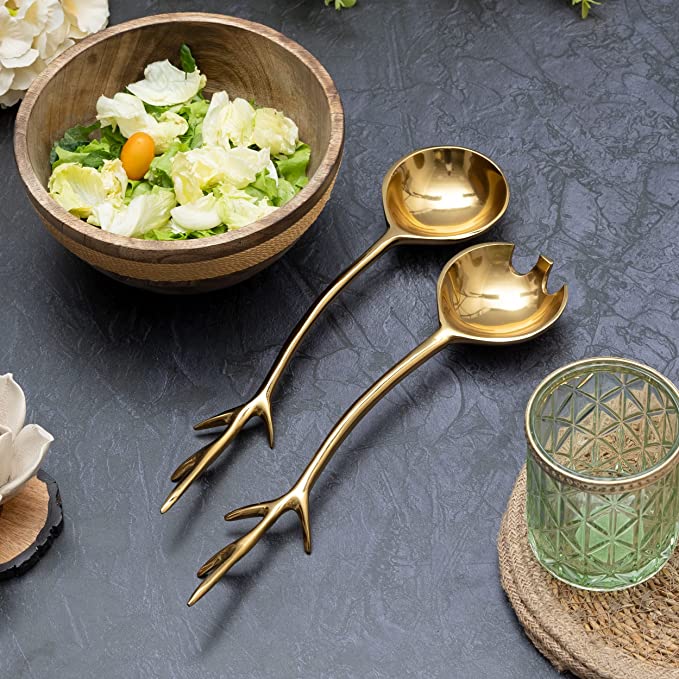 Twig Salad Servers Brass & Stainless Steel, Fork & Spoon Set Leaf Design Gold by Gute by Gute Decor