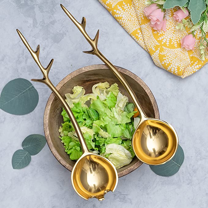 Twig Salad Servers Brass & Stainless Steel, Fork & Spoon Set Leaf Design Gold by Gute by Gute Decor