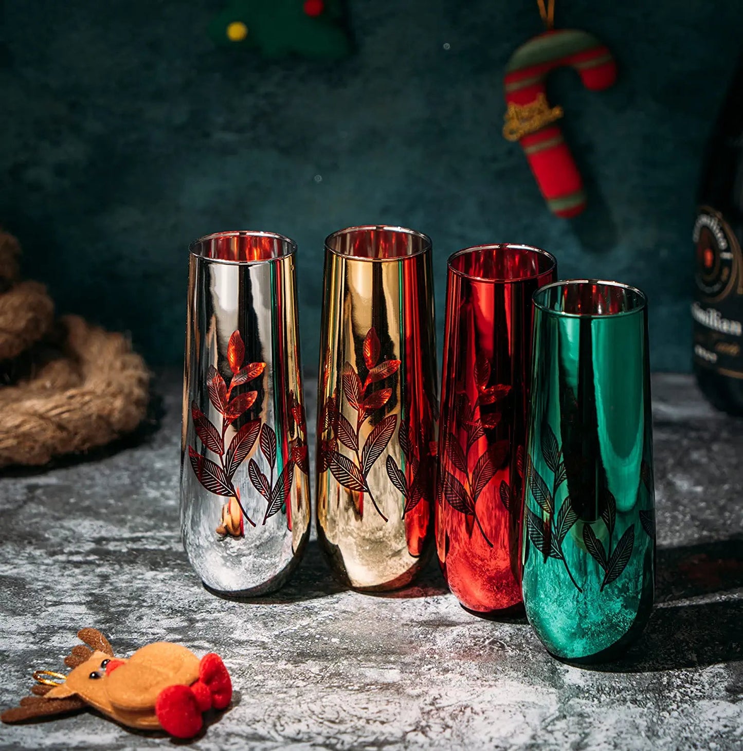 Etched Multicolor Christmas Champagne Flutes (Set of 4) - by The Wine Savant