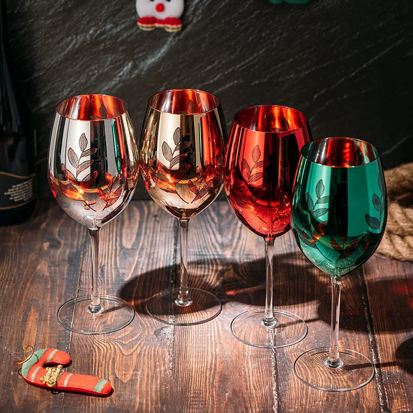 Etched Multicolor Christmas Stemmed Wine Glasses (Set of 4) -  by The Wine Savant