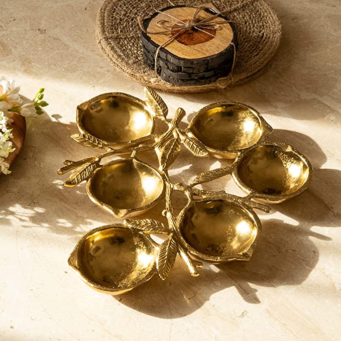 Cluster Decorative Bowls, Bright Gold Lemons, Brass - Decoration, Snack Tray Bowl, Chip and Dip by Gute by Gute Decor