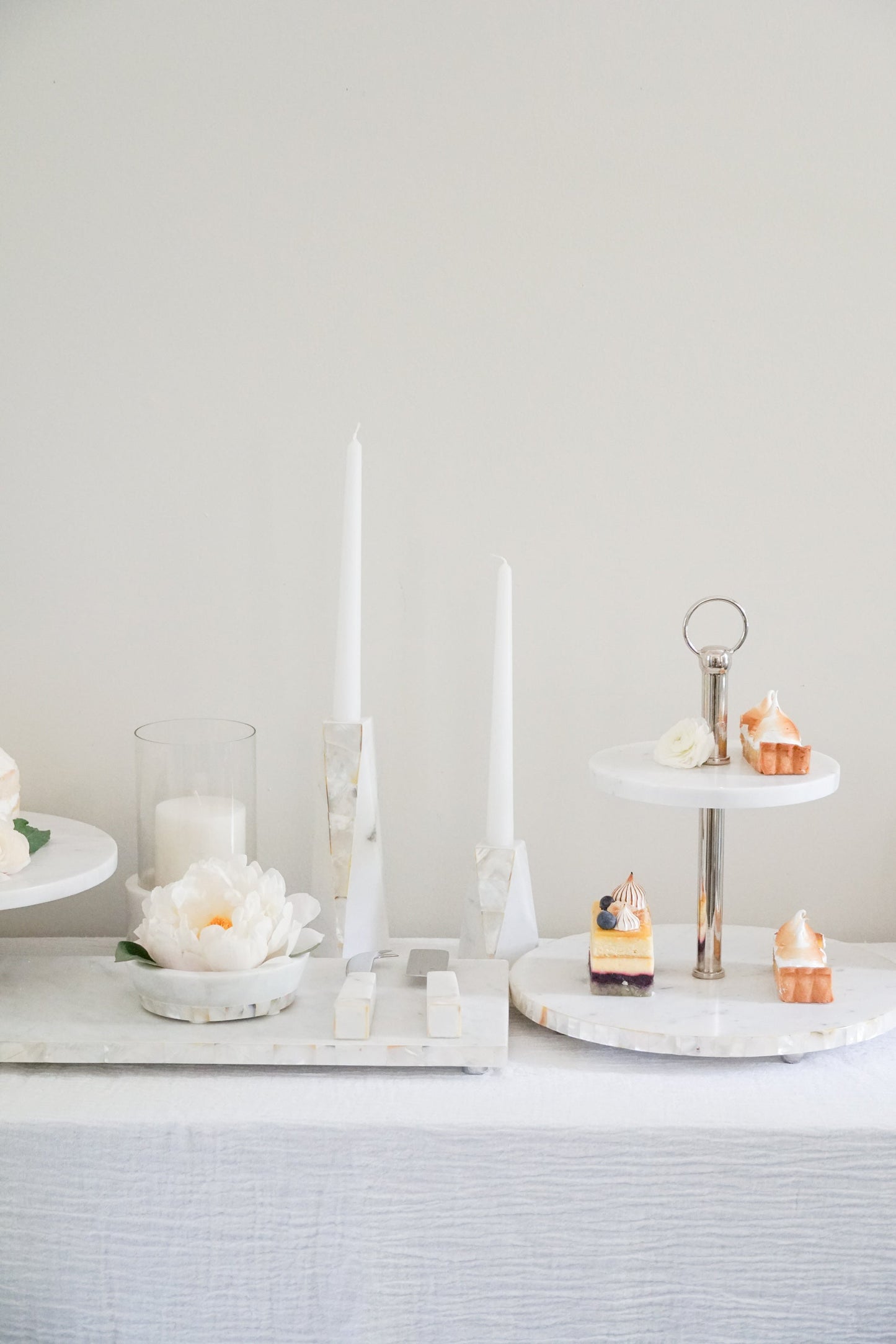 White Marble Mother of Pearl Candle Holders by Anaya