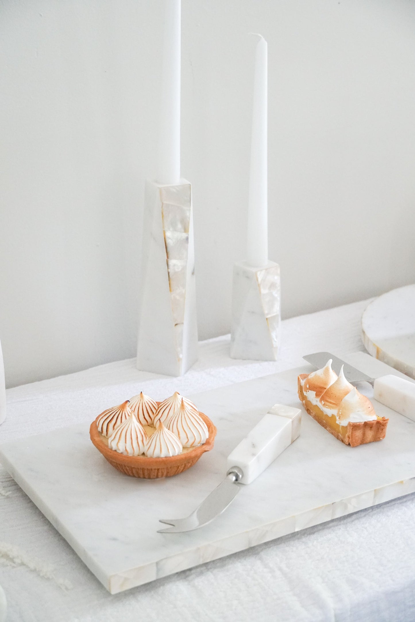 White Marble Mother of Pearl Candle Holders by Anaya