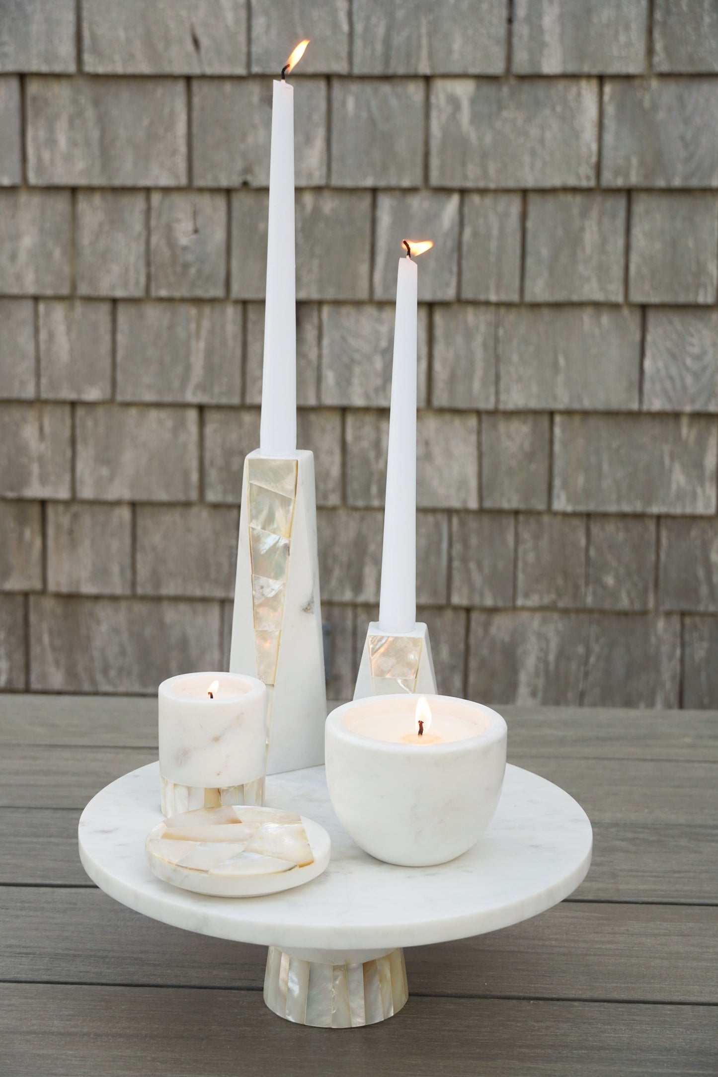 White Marble Mother of Pearl Candle Holders by Anaya