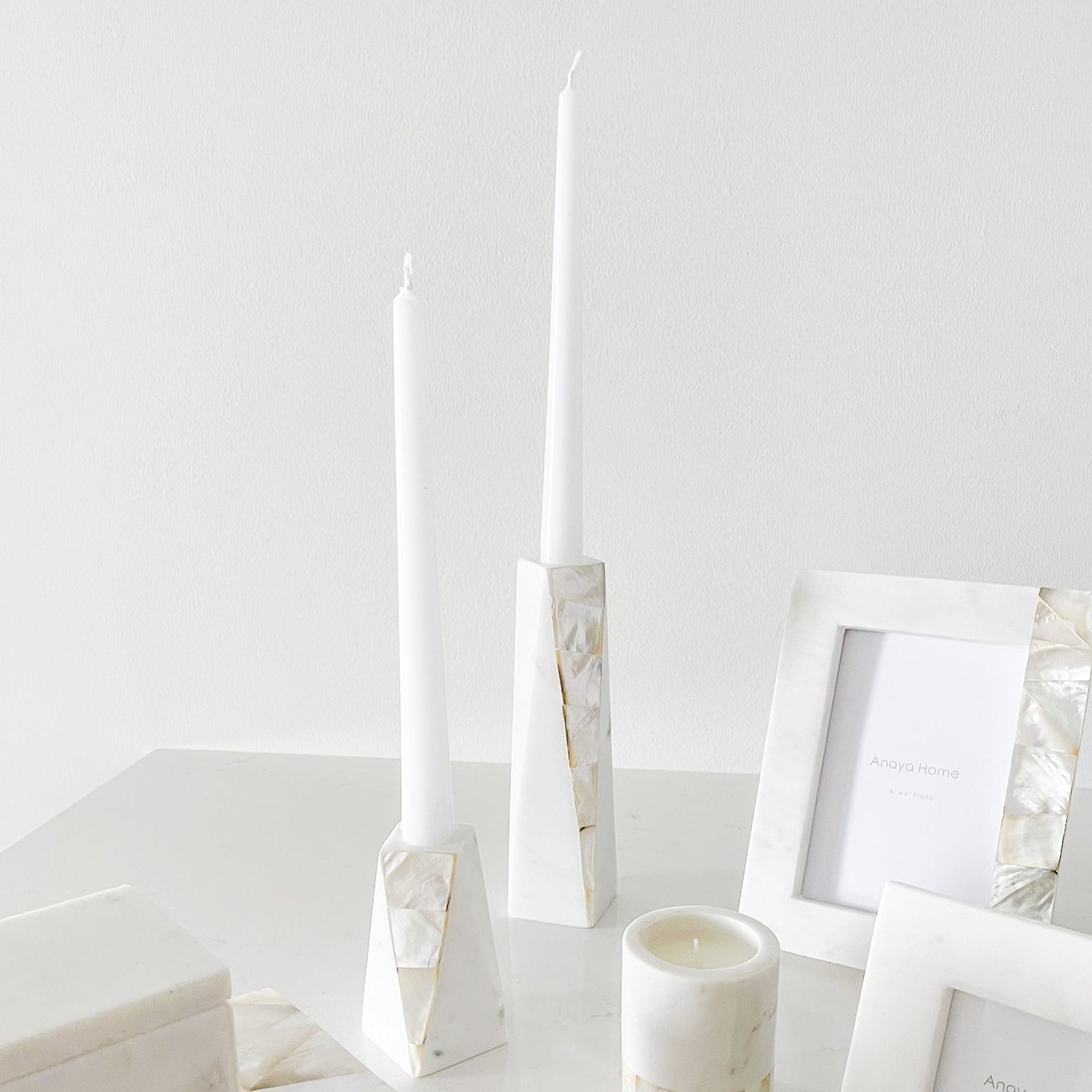 White Marble Mother of Pearl Candle Holders by Anaya