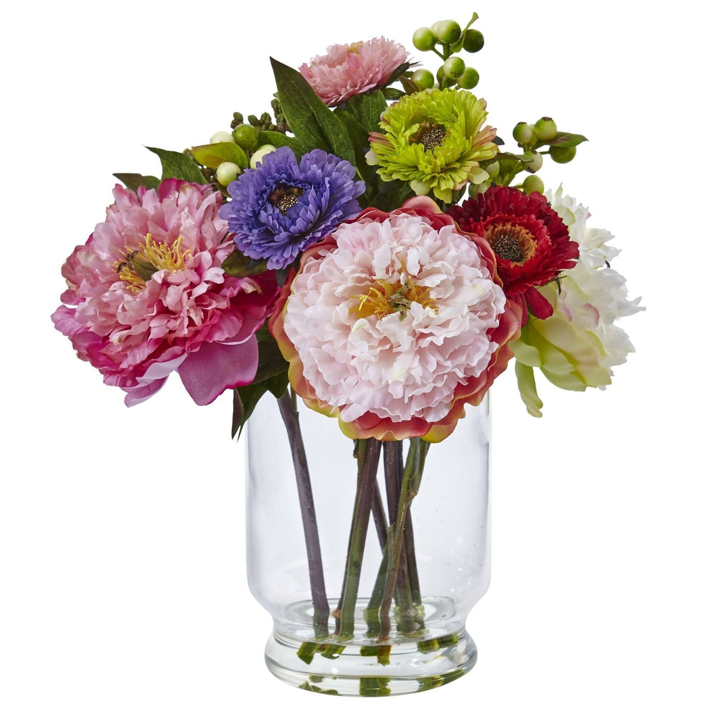 10.5" Artificial Peony and Mum in Glass Vase" by Nearly Natural