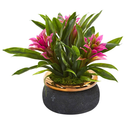 11” Bromeliad Artificial Plant in Stoneware Planter by Nearly Natural