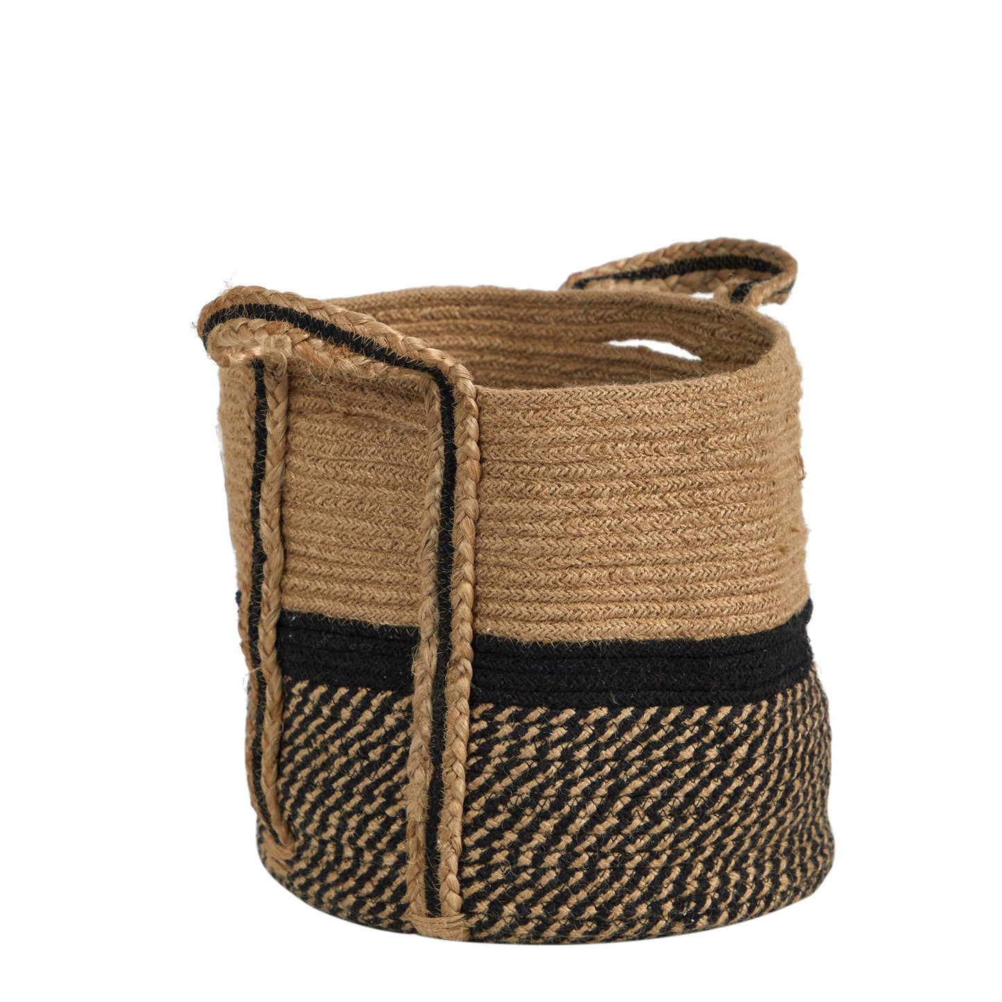 13" Boho Chic Basket Natural Jute Basket Planter, Black Bottom Natural Top with Handles" by Nearly Natural