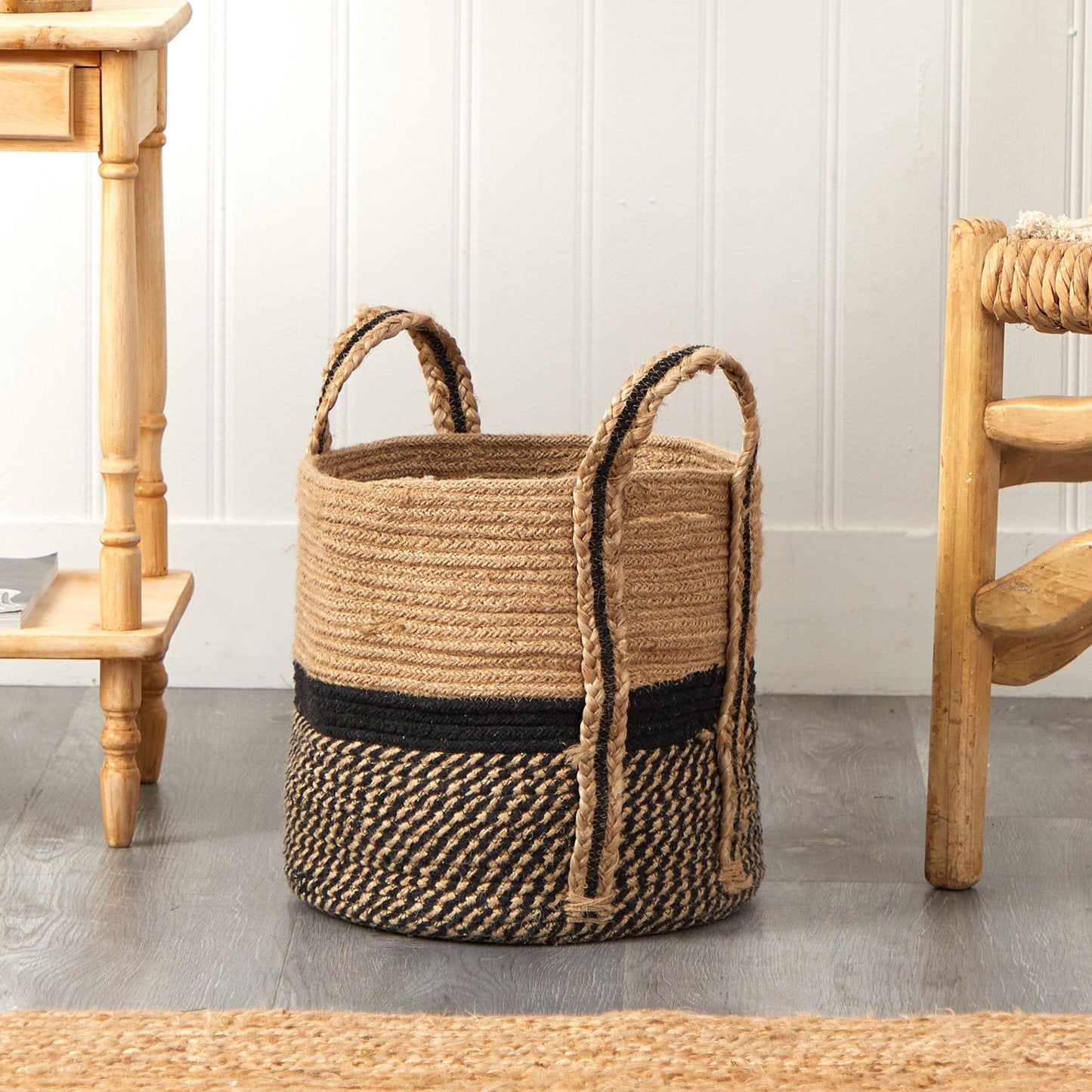 13" Boho Chic Basket Natural Jute Basket Planter, Black Bottom Natural Top with Handles" by Nearly Natural