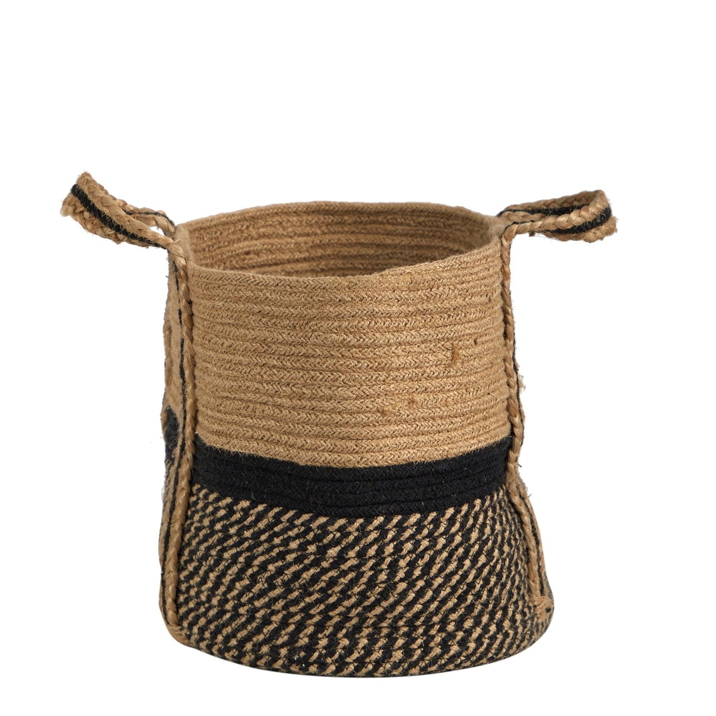 13" Boho Chic Basket Natural Jute Basket Planter, Black Bottom Natural Top with Handles" by Nearly Natural