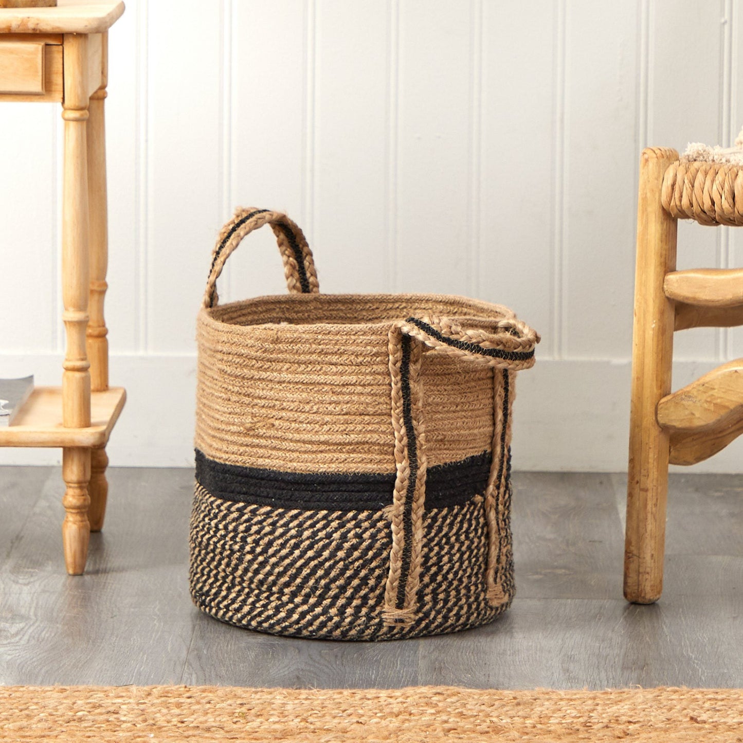 13" Boho Chic Basket Natural Jute Basket Planter, Black Bottom Natural Top with Handles" by Nearly Natural