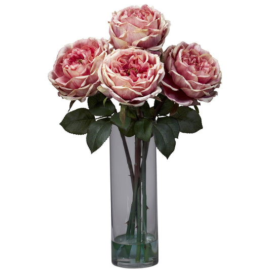 Fancy Rose w/Cylinder Vase Silk Flower Arrangement by Nearly Natural