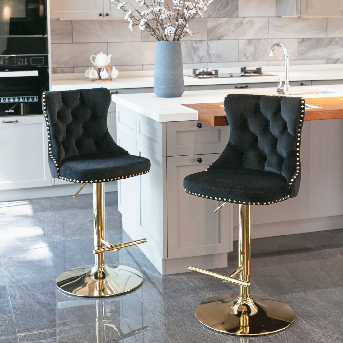 Set of 2 Modern Adjustable Velvet Swivel Bar Stools by Blak Hom