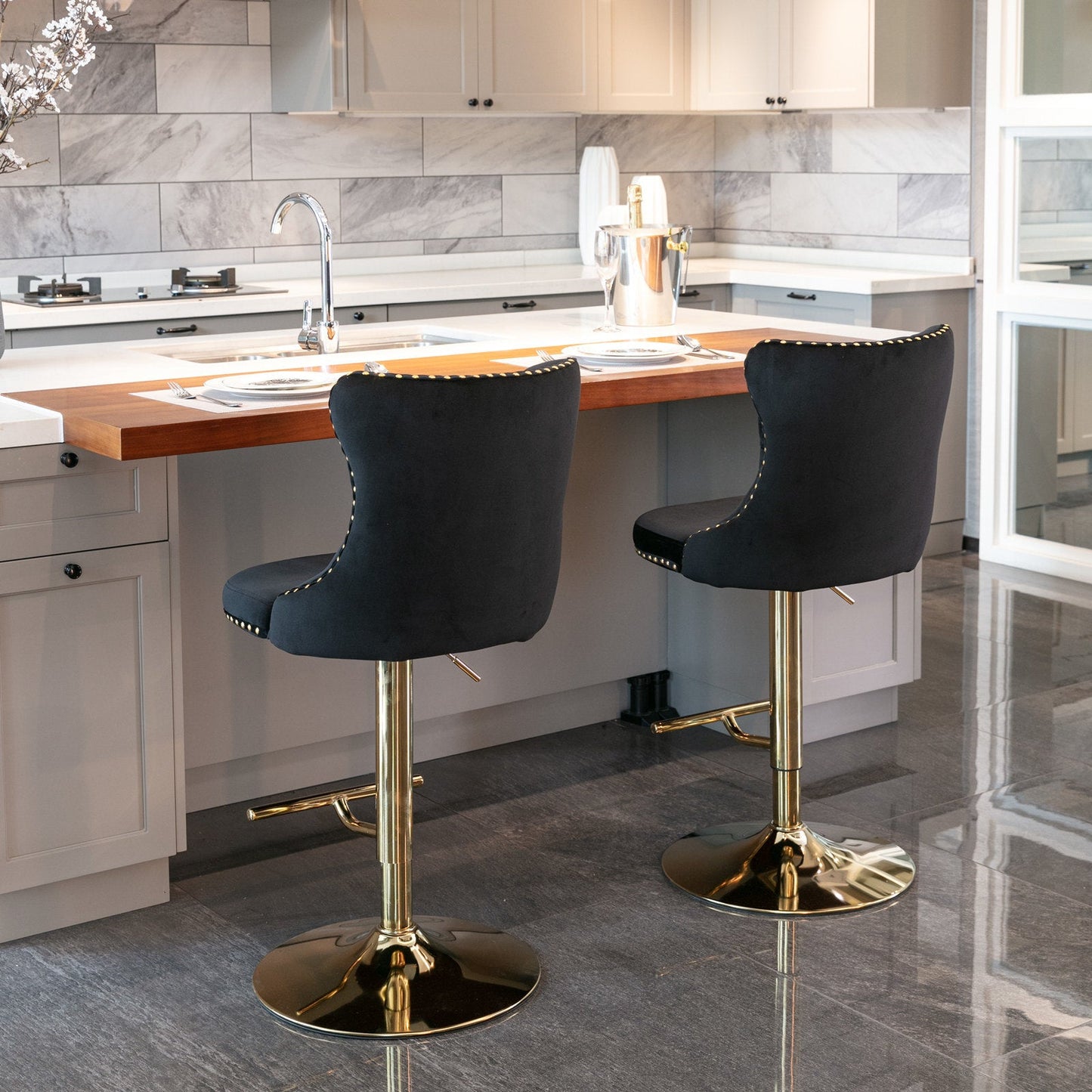 Set of 2 Modern Adjustable Velvet Swivel Bar Stools by Blak Hom