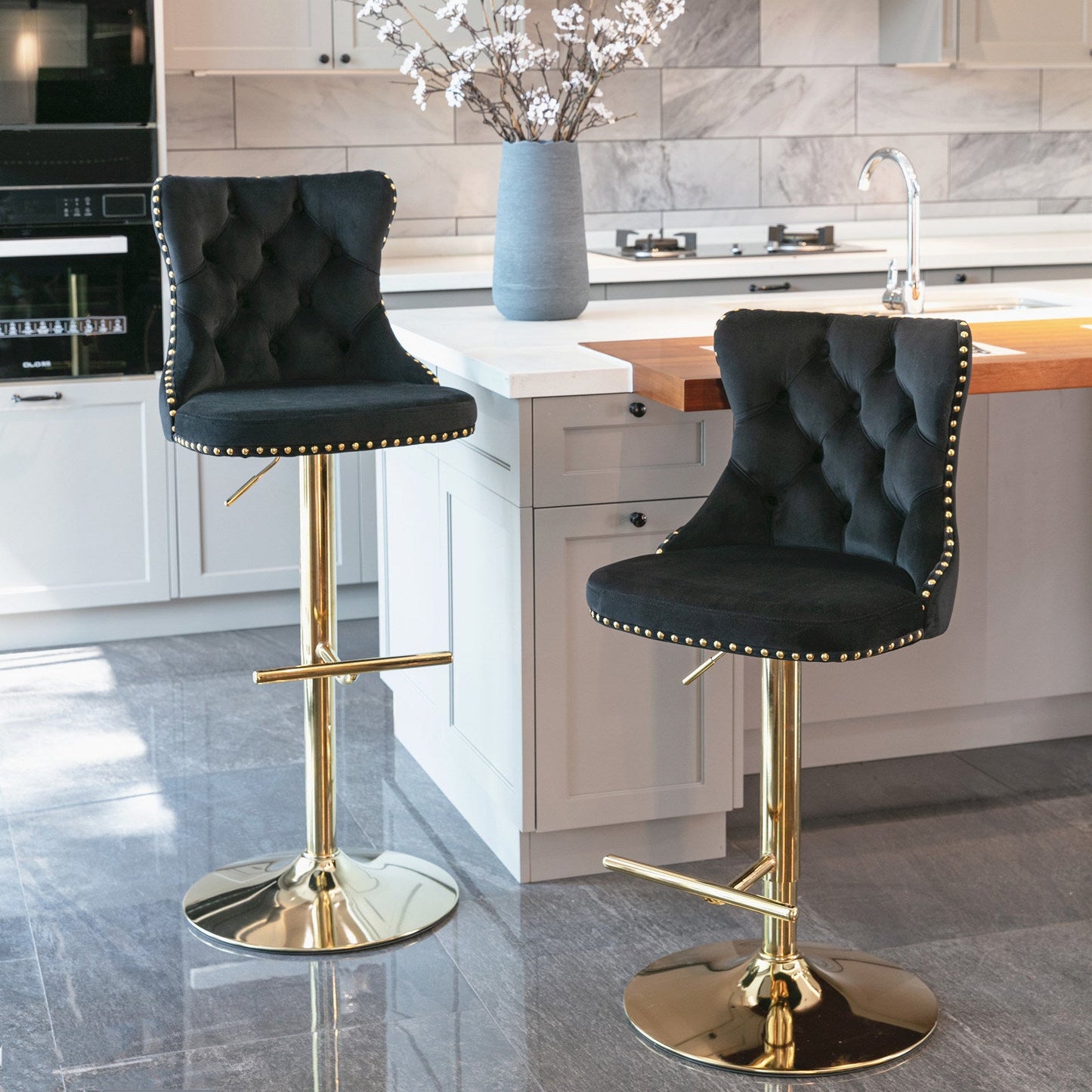 Set of 2 Modern Adjustable Velvet Swivel Bar Stools by Blak Hom