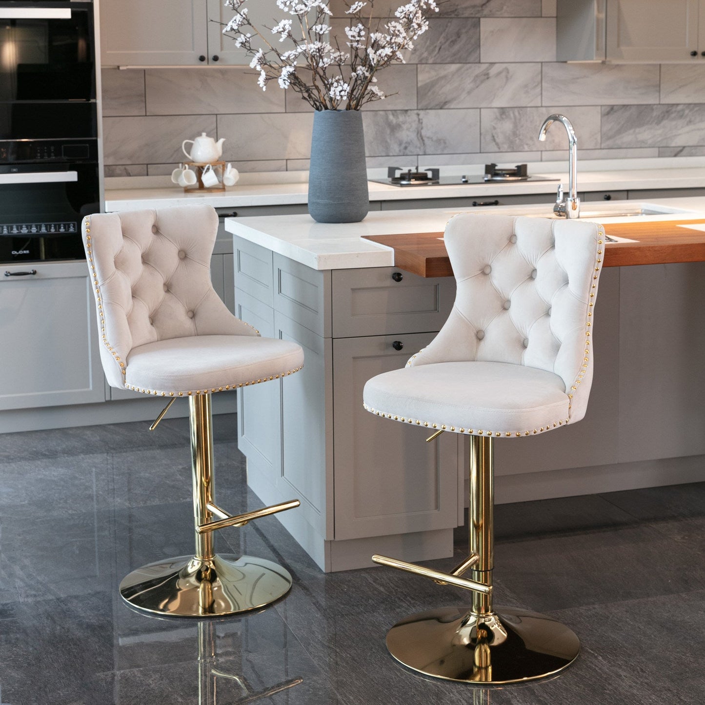 Set of 2 Modern Adjustable Velvet Swivel Bar Stools by Blak Hom