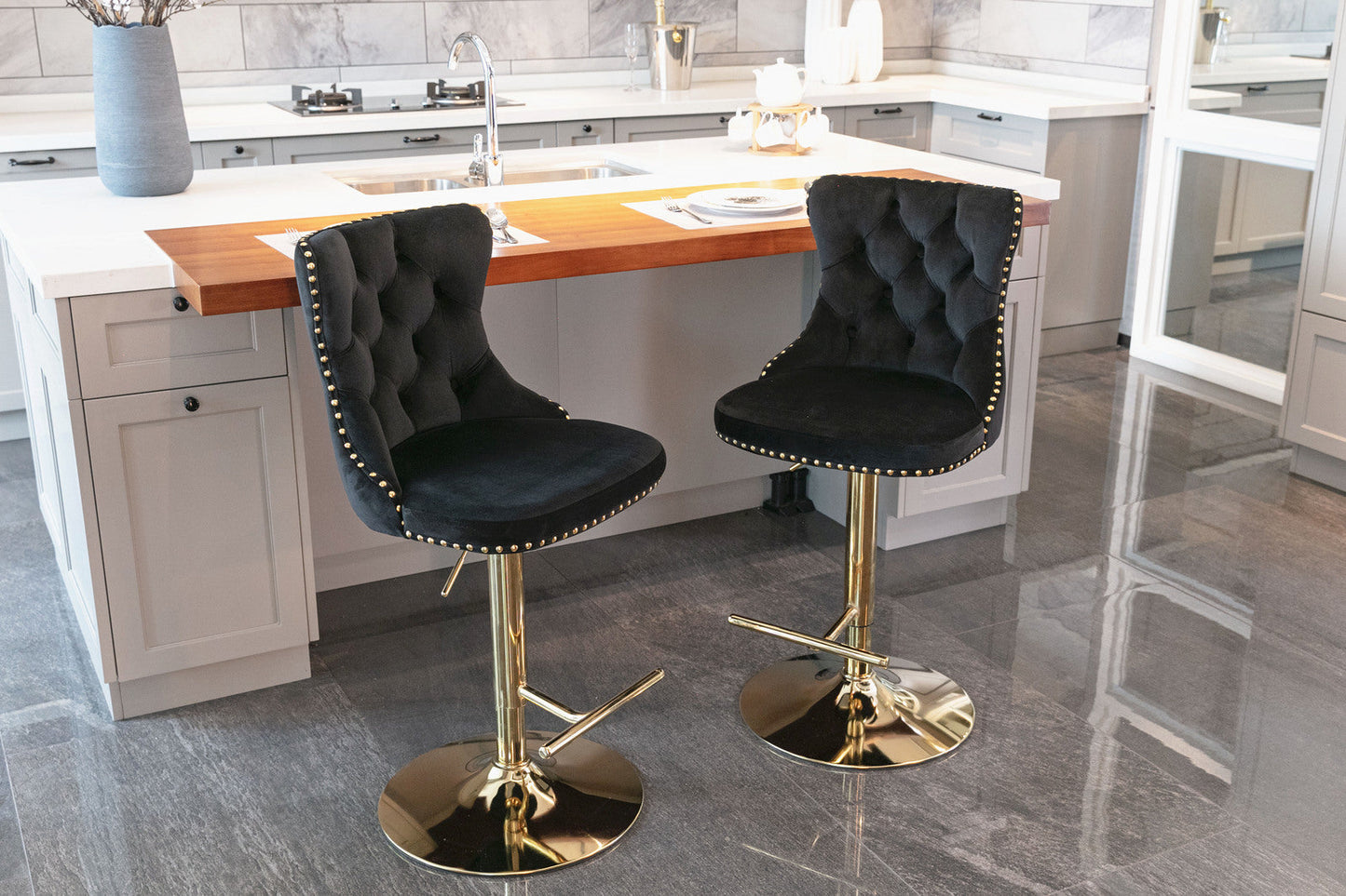 Set of 2 Modern Adjustable Velvet Swivel Bar Stools by Blak Hom