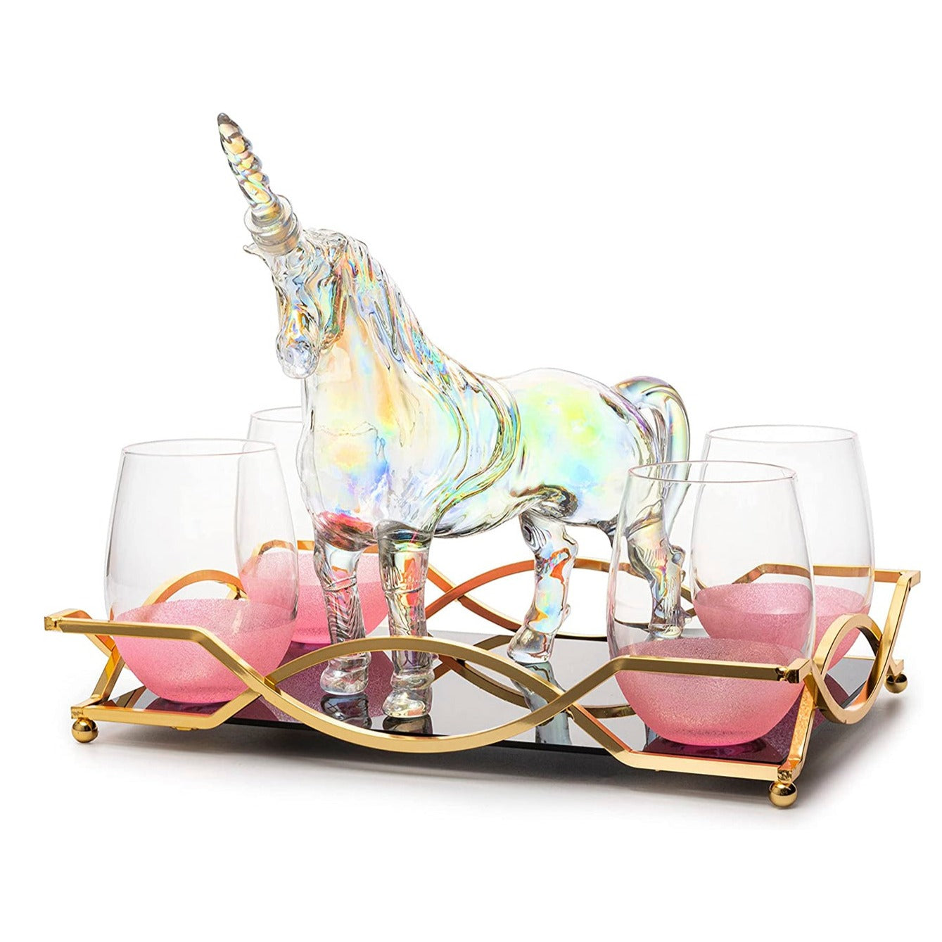 Iridescent Unicorn Decanter Set w/ 4 Pink Sparkle Glasses - by The Wine Savant